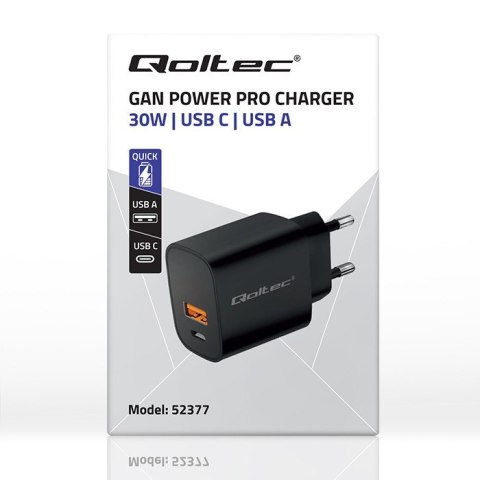 Ładowarka GaN Power Pro | 1xUSB-C | 1xUSB | 30W | 5-20V | 1.5-3A | Czarna Qoltec