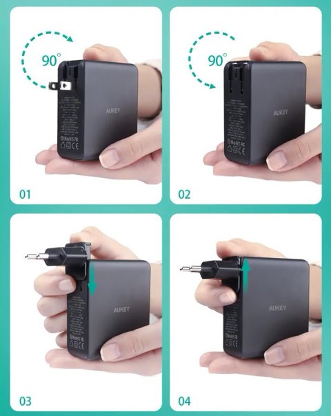 PA-B7O Omnia II GaN ładowarka sieciowa 3xUSB (2xUSB C+1xUSBA) 140W PD3.1 PPS EU/US/UK AUKEY