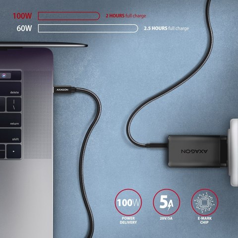 BUCM32-CM15AB Kabel USB-C - USB-C 3.2 Gen 2, 1.5m, PD 100W, 5A, 4K HD, ALU, oplot, czarny AXAGON