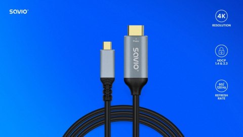 Kabel USB-C do HDMI v2.0b, 3m, miedź CL-184 Savio