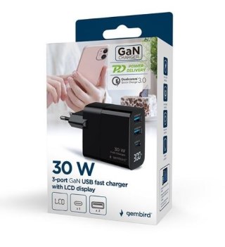 Ładowarka GaN 2xA 1xC LCD 30W PD QC3.0 czarna Gembird