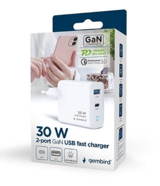 Ładowarka USB-A/C GaN LED 30W PD QC3.0 biała Gembird
