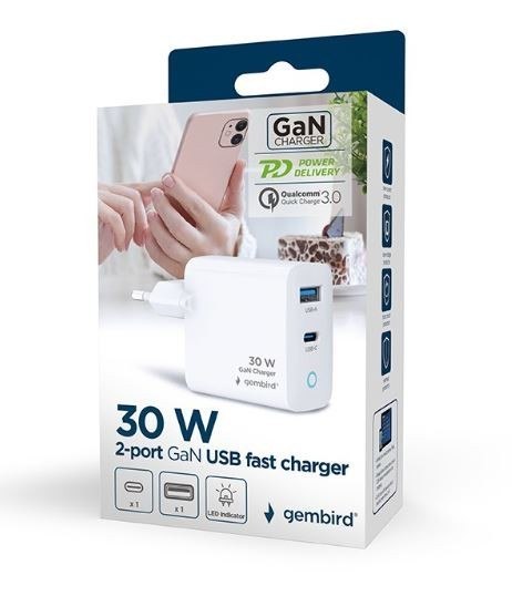 Ładowarka USB-A/C GaN LED 30W PD QC3.0 biała Gembird