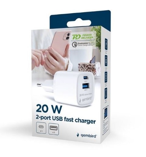 Mini-ładowarka USB-A USB-C 20W PD QC3.0 biała Gembird