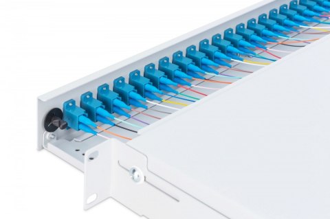 Przełącznica światłowodowa/panel krosowy z wyposażeniem 19 cali 1U, 24x LC duplex, OS2, zawiera pigtaile, adaptery, tacki, wysuw Digitus