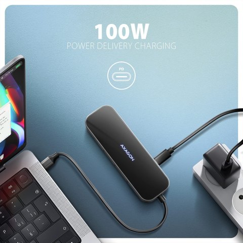 HMC-6GLN Wieloportowy hub USB 6in1, 5Gbps, 2xUSB-A, 1x USB-C, GLAN, HDMI 4K/60Hz, PD 100W, 20cm USB-C kabel AXAGON