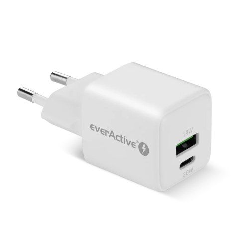 Ładowarka sieciowa GaN 1X USB, 1X USB-C 20W QC3.0 Biała EverActive