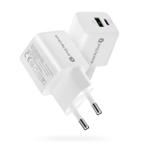 Ładowarka sieciowa GaN 1X USB, 1X USB-C 20W QC3.0 Biała EverActive