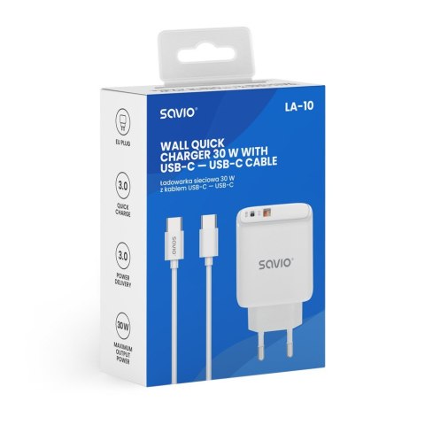 Ładowarka sieciowa LA-10 30W Quick Charge Power Delivery 3.0 Biała + Kabel Savio