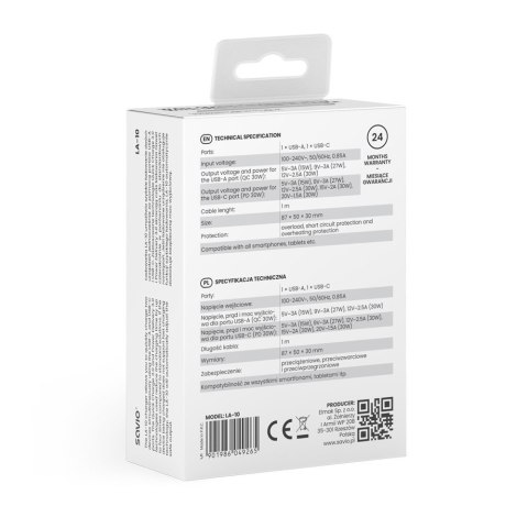 Ładowarka sieciowa LA-10 30W Quick Charge Power Delivery 3.0 Biała + Kabel Savio