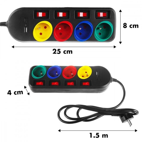 Przedłużacz 1,5m 250VAC 10A 4 gniazda MCE508 B Port USB-C Quick charge 2.0 IP20 Maclean