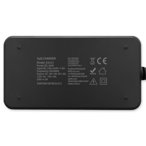 Ładowarka sieciowa 90W GaN Fast SLIM | PD | 5-20V | 4.5A | USB-C 3.1 | Laptop | MacBook | Smartfon | +kabel Qoltec