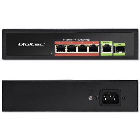 Przełącznik sieciowy SWITCH FAST ETHERNET PoE 4x RJ45 PoE 1x RJ45Uplink 1x SFP | 65W | 1000 Mb/s Qoltec