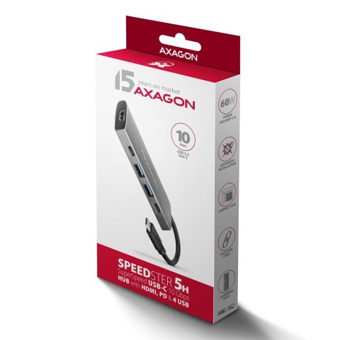 HMC-5G21 Wieloportowy hub USB 5in1, 10Gbps, 2x USB-A + 2x USB-C + HDMI 4K/30Hz, PD 60W, 13cm USB-C kabel AXAGON