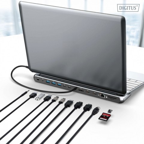 Stacja dokująca USB-C 12 portowa, max. 8K/30Hz z HDR, HDMI, DP, max. 3 monitory (MST), USB-C 3.2 Gen2, Gigabit Ethernet, SD/Micr Digitus