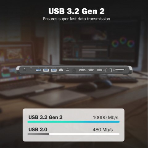 Stacja dokująca USB-C 12 portowa, max. 8K/30Hz z HDR, HDMI, DP, max. 3 monitory (MST), USB-C 3.2 Gen2, Gigabit Ethernet, SD/Micr Digitus