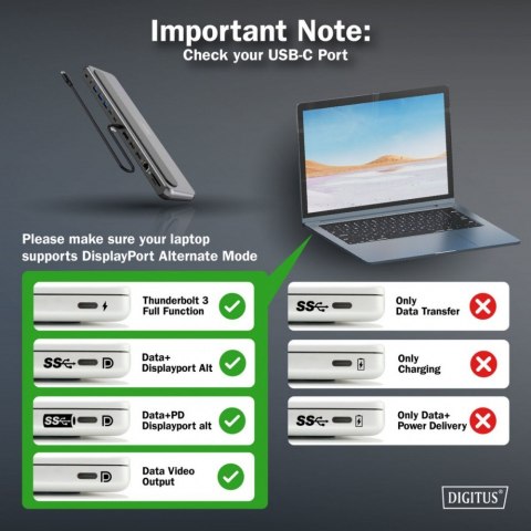 Stacja dokująca USB-C 12 portowa, max. 8K/30Hz z HDR, HDMI, DP, max. 3 monitory (MST), USB-C 3.2 Gen2, Gigabit Ethernet, SD/Micr Digitus