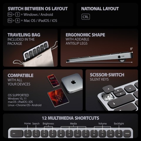 Klawiatura HMC-KB-CRL USB-C 5Gbps z wieloportowy hub 9in1, SD/microSD, 3x USB-A, HDMI 4K/60Hz, PD 100W, Audio, Cyrillic layout,  AXAGON