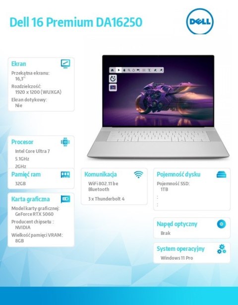 Laptop Dell 16 Premium DA16250 Win11Pro U7-255H|32GB|1TB SSD|NVIDIA GeForce RTX 5060, 8GB GDDR7|WLAN + BT|16.3 FHD|Backlit Kb|6  Dell