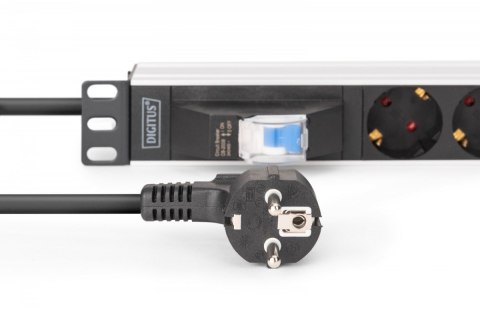 Listwa zasilająca PDU Rack 19" z wyłącznikiem nadprądowym Typ C 16A, 7 gniazd Schuko CEE 7/3 (45°), kabel 1,8m wtyk Unischuko CE Digitus
