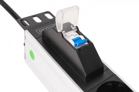 Listwa zasilająca PDU Rack 19" z wyłącznikiem nadprądowym Typ C 16A, 7 gniazd Schuko CEE 7/3 (45°), kabel 1,8m wtyk Unischuko CE Digitus