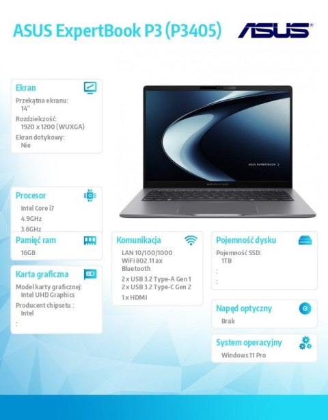Notebook ExpertBook P3 P3405CVA-LY0112X - i7-13620H/16GB/1TB/14 WUXGA/Win 11PRO/3YRS Asus