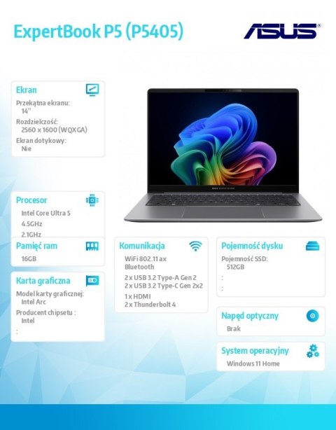 Notebook ExpertBook P5 P5405CSA-NZ0416W Ultra 5 226V/16GB/512GB/14 WQXGA/Win 11Home/3YRS Asus