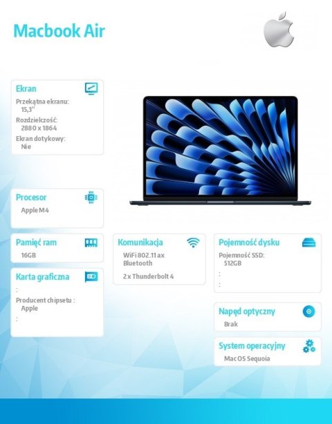 MacBook Air 15.3 cala: M4 10/10, 16GB, 512GB - Północ Apple