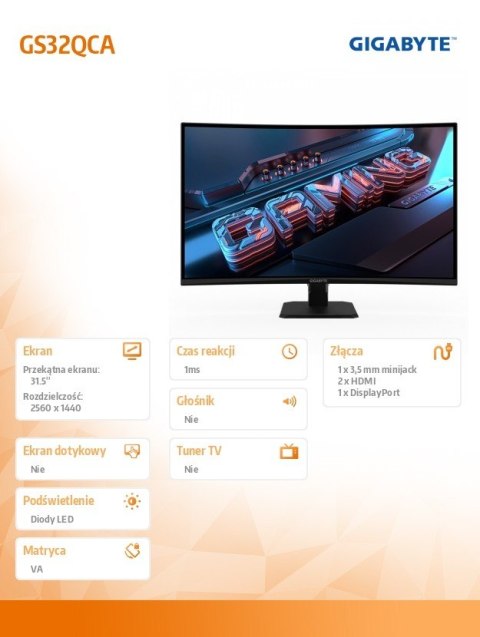 Monitor 31.5 cala GS32QCA GAMING VA QHD 180Hz DP HDMI Gigabyte