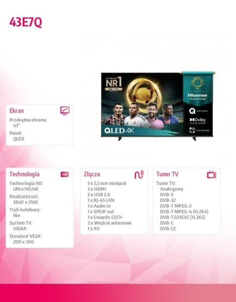 Telewizor QLED 43 cale 43E7Q Hisense