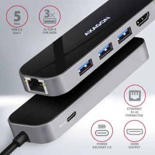 HMC-6GL Wieloportowy hub USB 6in1, 5Gbps, 3x USB-A, HDMI 4K/30Hz, GLAN, PD 100W, 20cm USB-C kabel AXAGON