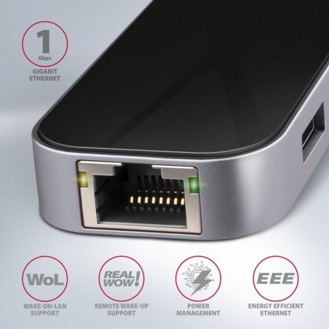 HMC-6GL Wieloportowy hub USB 6in1, 5Gbps, 3x USB-A, HDMI 4K/30Hz, GLAN, PD 100W, 20cm USB-C kabel AXAGON