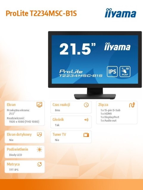 Monitor ProLite 21.5 cala T2234MSC-B1S IPS,10PKT.VGA,HDMI,DP IIYAMA