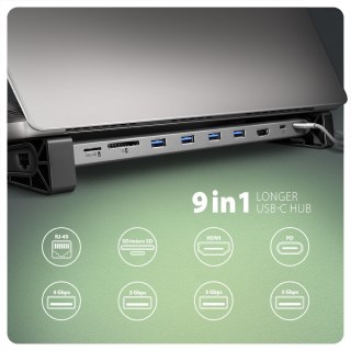 HMC-10HLS Wieloportowy hub USB 9in1, 5Gbps, 4x USB-A, HDMI 4K/60Hz, GLAN, SD/microSD, PD 100W, 25cm USB-C kabel AXAGON