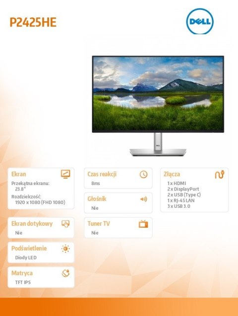 Monitor 24 cale P2425HE LED IPS 1920x1080/16:9/USBC/RJ45/HDMI/DP/USB/3Y Dell
