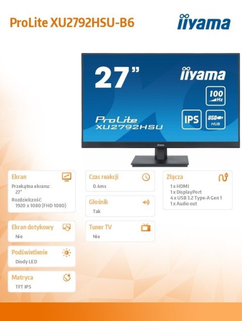 Monitor ProLite XU2792HSU-B6 27 cali IPS,FHD,HDMI,DP,100Hz,4xUSB3.2,SLIM,2x2W IIYAMA